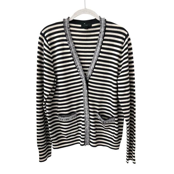 J Crew Wool Striped Harlow Tweed Trim Cardigan Women's L - Picture 2 of 8